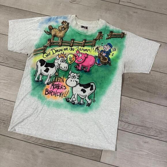 Vintage 90s Airbrush Farm Animals Graphic Tee Family Reunion Made In USA Size L - Picture 1 of 12